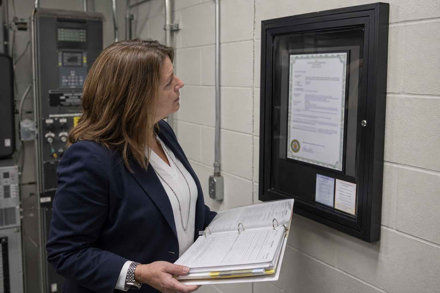 Facilities compliance officer reviewing hospital elevator inspection certificate and ASME A17.1 code compliance documentation in a Baltimore or Washington DC healthcare facility