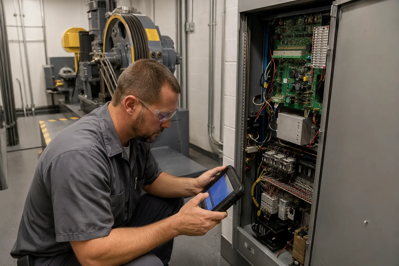 Elevator mechanic performing preventive maintenance on hospital elevator controller in machine room, supporting hospital elevator maintenance and compliance requirements