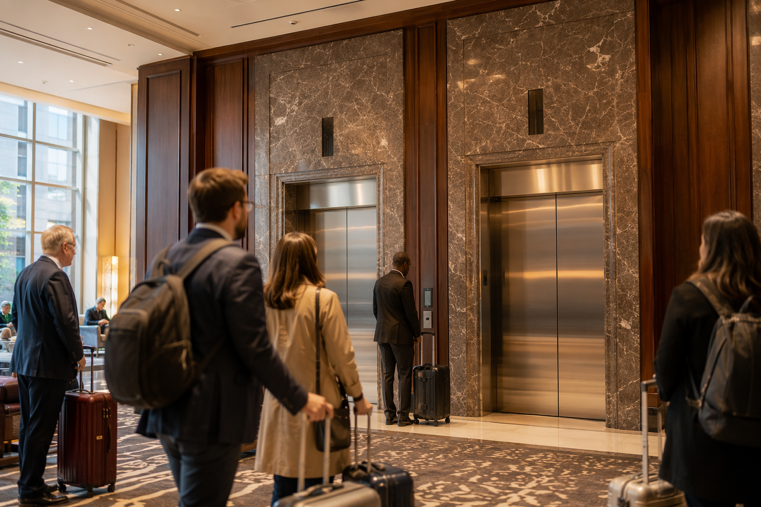 Hotel elevator bank with polished stainless-steel doors in an upscale Washington DC hotel lobby — illustrating hotel elevator maintenance best practices for hospitality properties.
