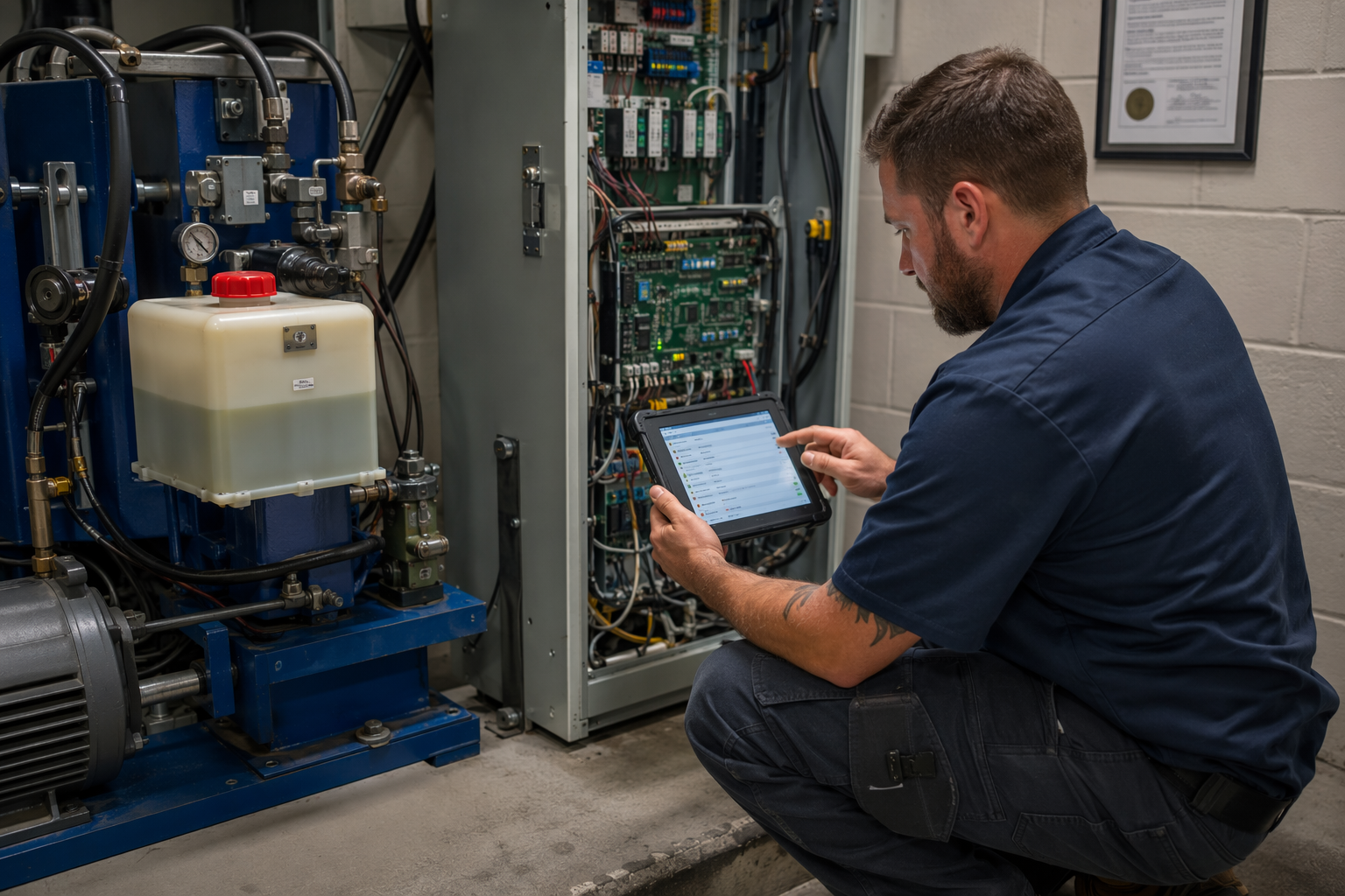 Elevator technician using a diagnostic tablet to inspect a hotel hydraulic elevator controller in a Baltimore machine room during a preventive maintenance visit.
