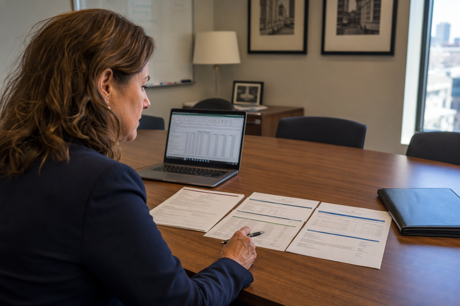 Hotel facilities manager comparing elevator maintenance service contracts at a Philadelphia office desk, reviewing OEM versus independent elevator service provider agreements.