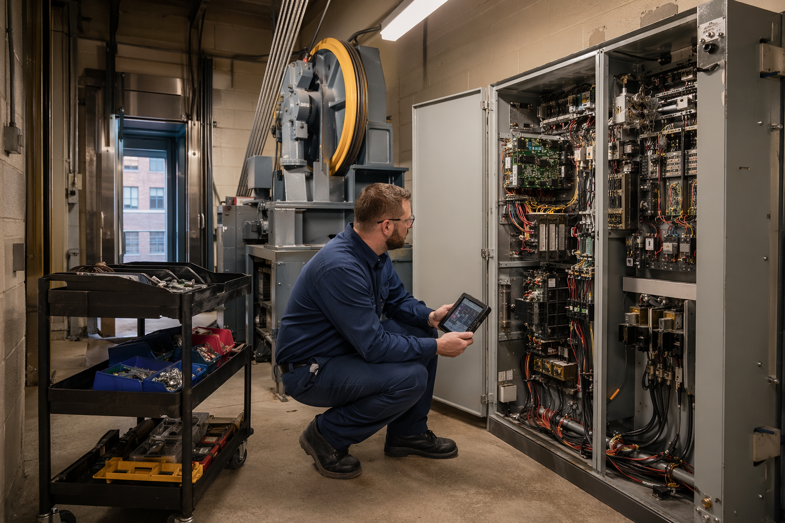 Same-Day Elevator Repair in Progress Elevator technician diagnosing controller in a Baltimore office building machine room — illustrating how fast an elevator can be repaired on a same-day service call