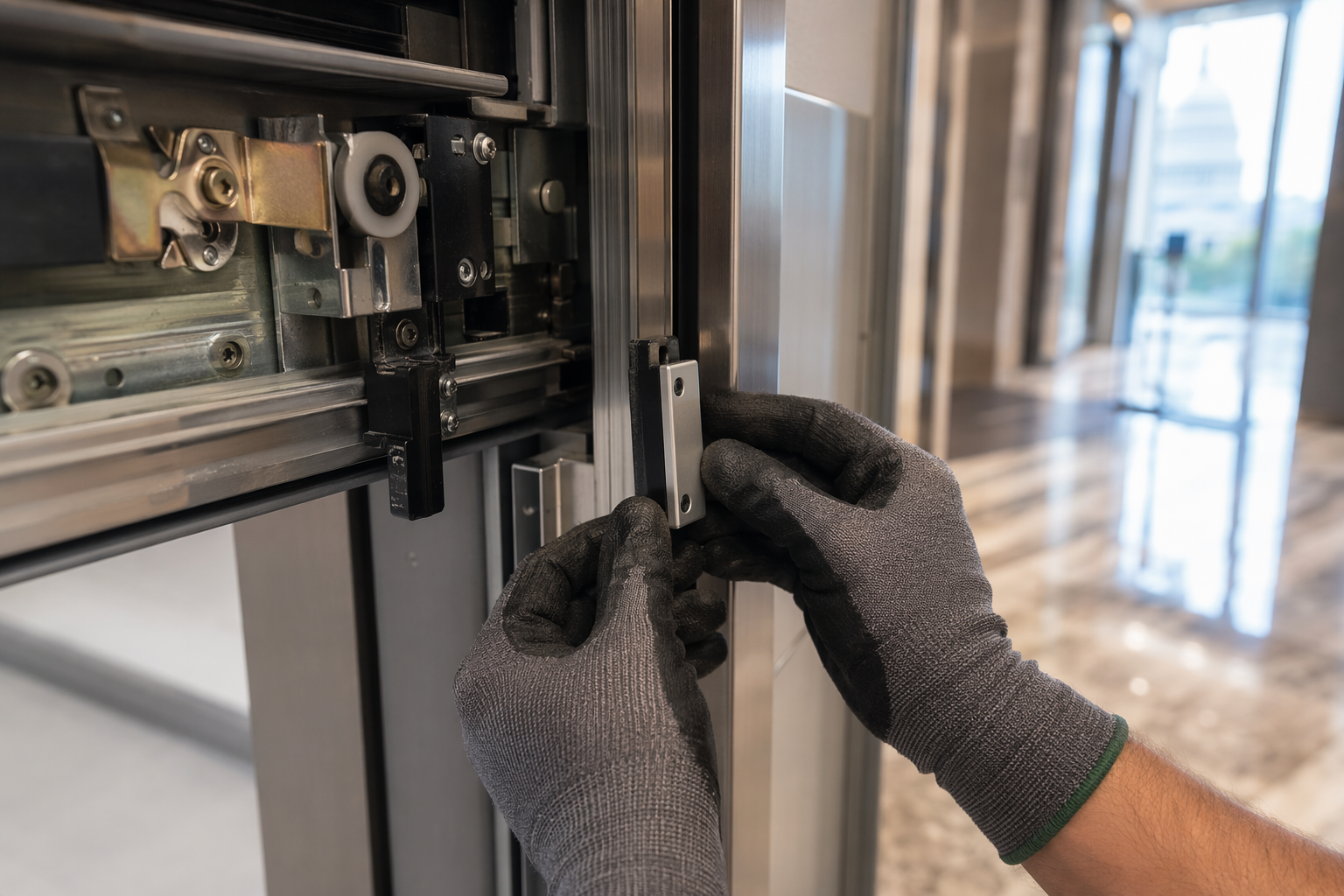 Door Sensor Replacement — 1 to 3 Hours Close-up of elevator door contact sensor replacement on a DC office building hoistway door — a common repair completed in 1 to 3 hours