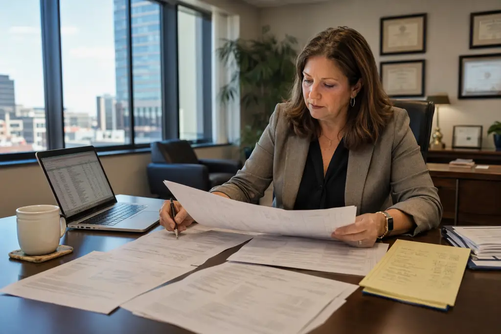 Building manager reviewing elevator maintenance cost contracts at a desk, comparing annual service agreement options for a commercial property in Baltimore