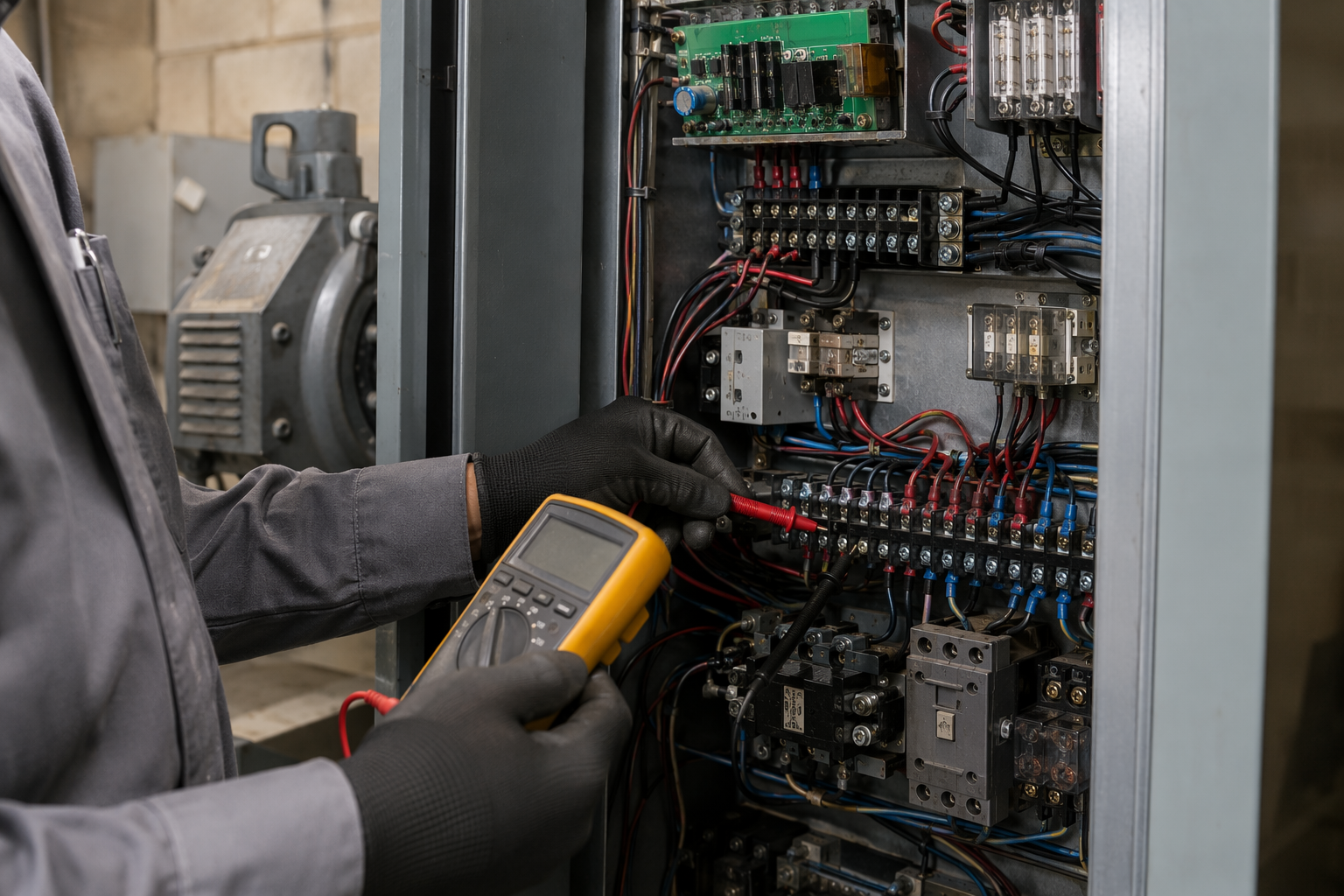 Elevator Controller Inspection During Maintenance Visit Elevator mechanic inspecting a hydraulic elevator controller panel in a machine room, relevant to understanding parts-and-labor maintenance contract coverage