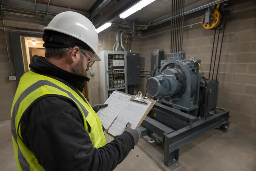 Certified elevator inspector reviewing compliance certificate and logbook in a commercial traction elevator machine room, illustrating annual elevator inspection requirements.