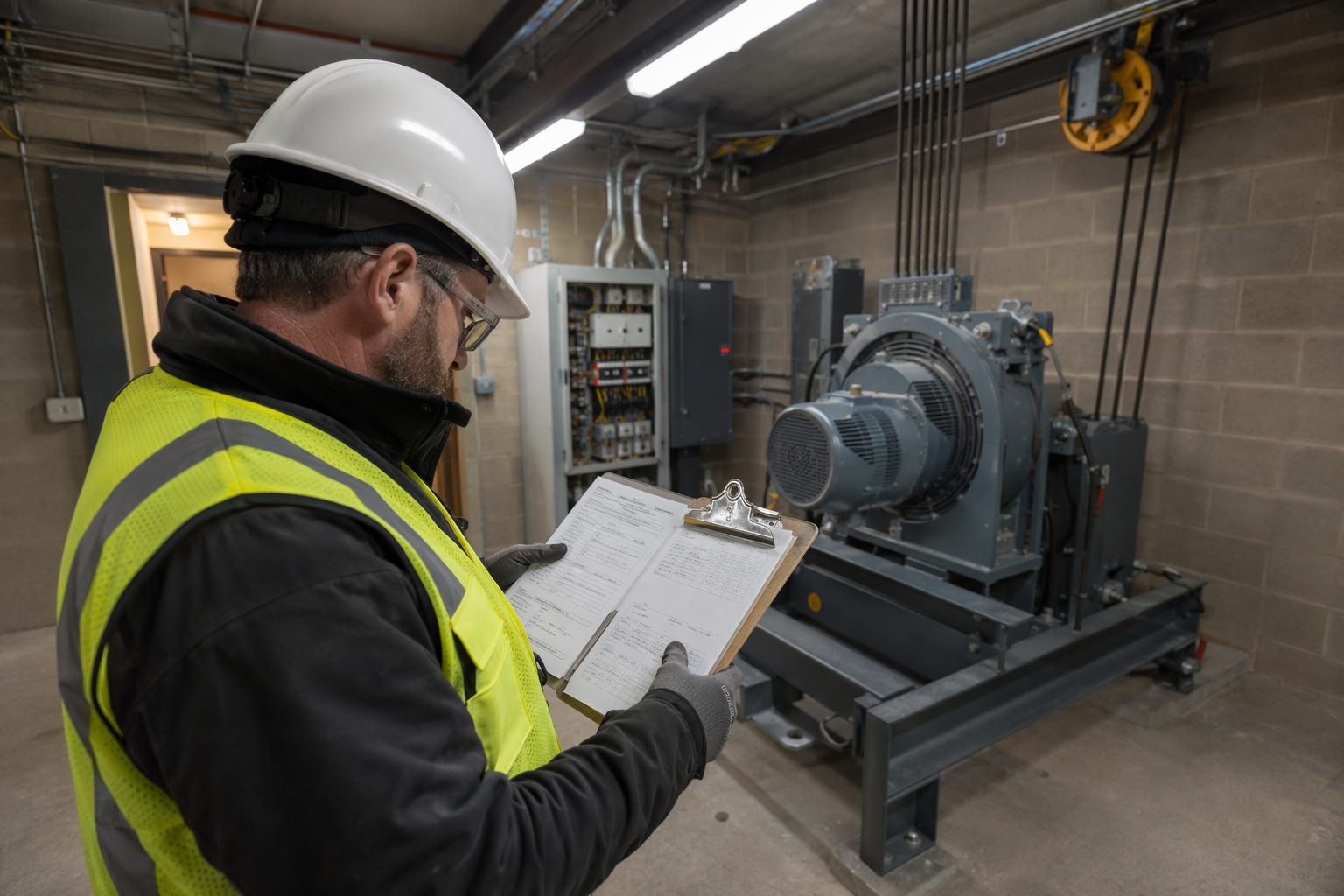 Annual Elevator Inspection Review Certified elevator inspector reviewing compliance certificate and logbook in a commercial traction elevator machine room, illustrating annual elevator inspection requirements.