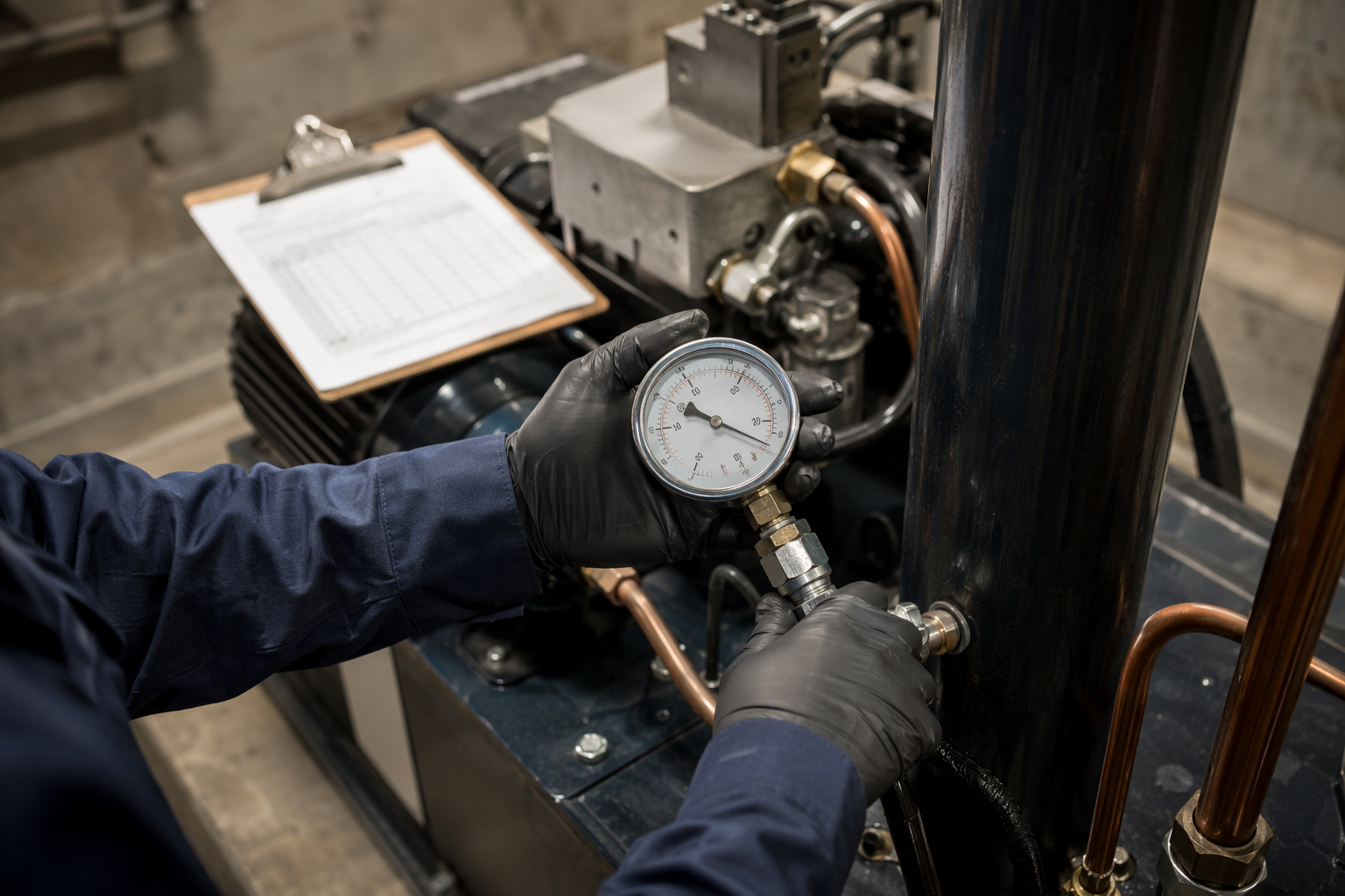 Hydraulic Elevator Periodic Pressure Test Elevator technician performing a hydraulic pressure relief valve test on a commercial hydraulic elevator unit, a required periodic test distinct from the routine annual inspection.