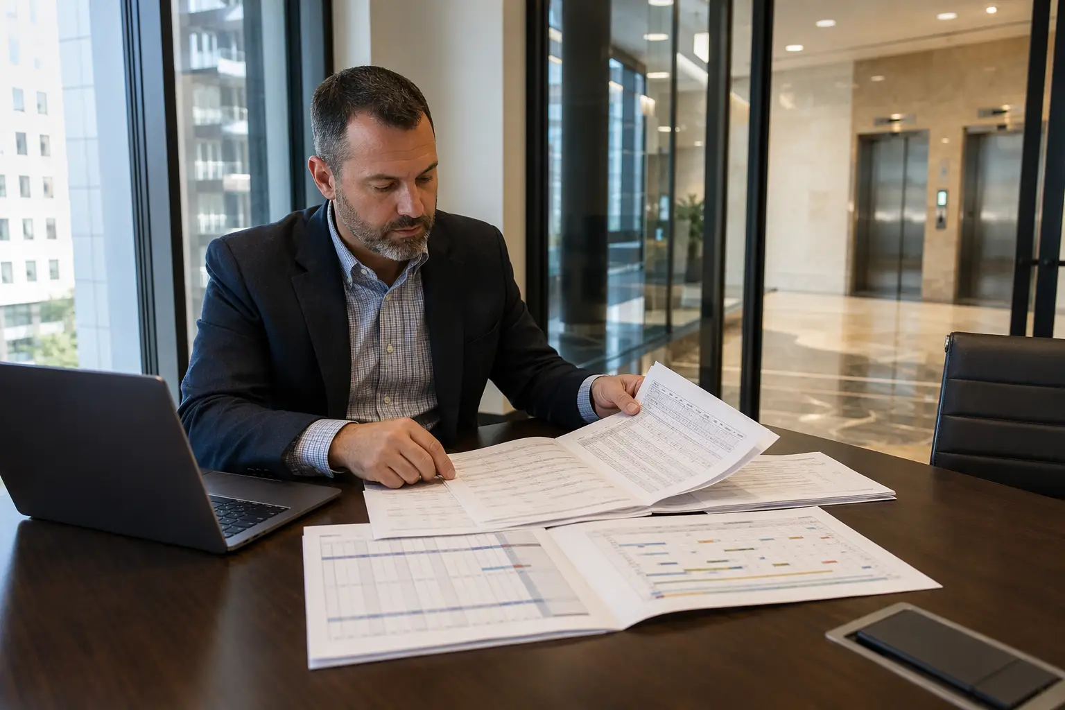 Building Manager Planning Elevator Inspection Schedule Building manager reviewing elevator inspection frequency schedules and ASME A17.1 compliance calendar at a Washington DC office building, planning annual and five-year periodic tests.