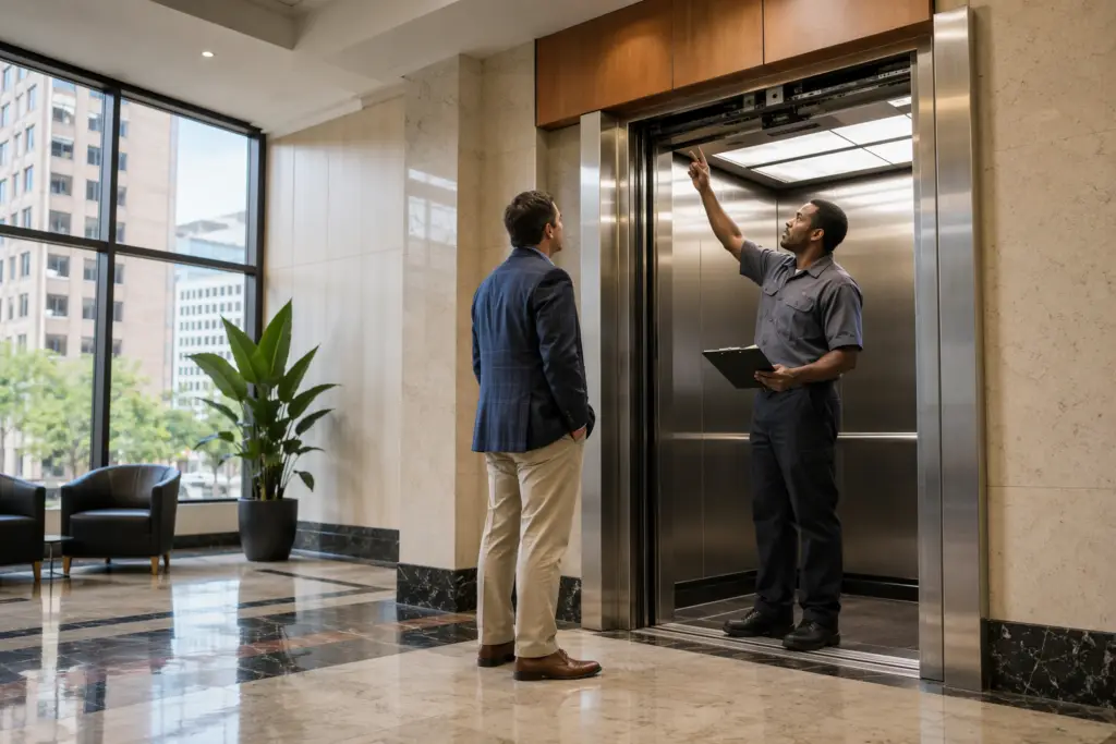 Building manager and elevator technician discuss service evaluation criteria in a Baltimore mid-rise office lobby, with stainless-steel elevator cab doors open behind them.