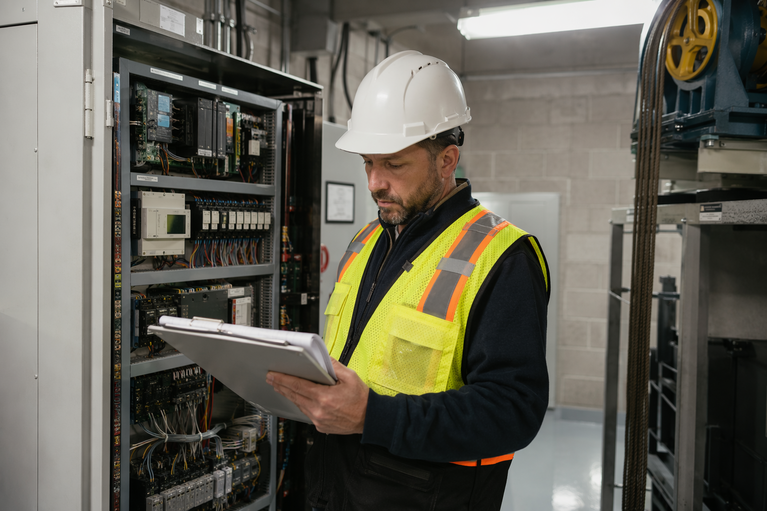 Elevator inspector reviews ASME A17.1 compliance documentation beside a controller cabinet in a Baltimore building machine room during a periodic safety inspection.