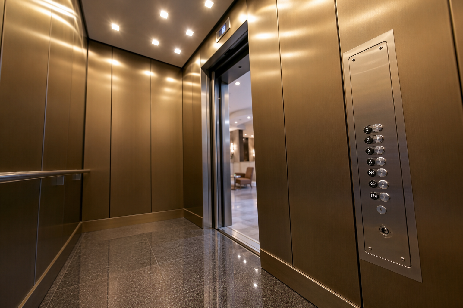 Newly modernized elevator cab interior with ADA-compliant control panel, LED ceiling, and brushed-bronze wall panels, representing full-service elevator modernization in the Baltimore–Washington regio