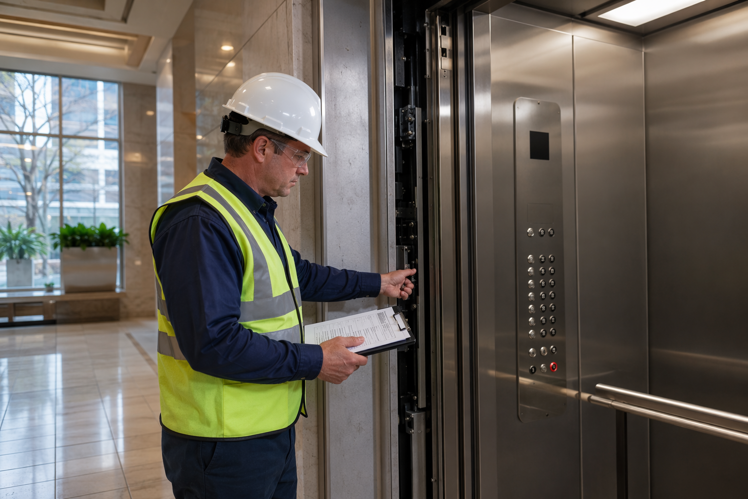 Licensed elevator inspector reviewing door interlock and cab interior during a formal elevator inspection in a Washington DC office building lobby.