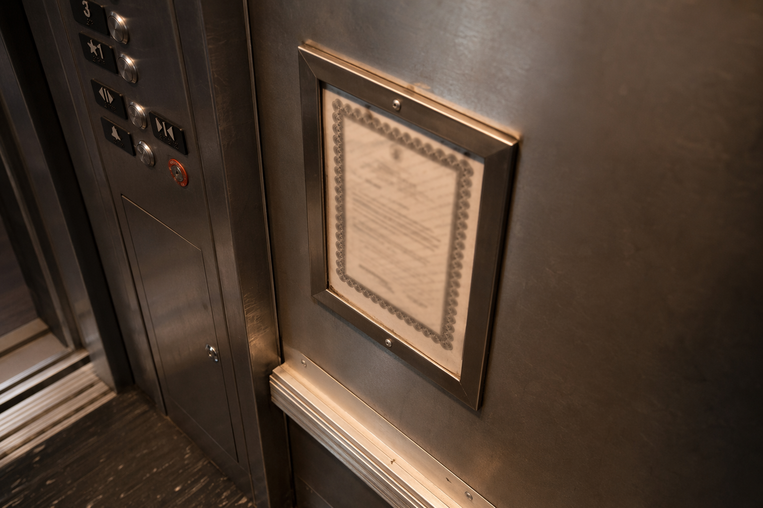 Certificate of Operation posted inside an elevator cab in a Baltimore residential building, confirming the unit passed inspection and is legally authorized to carry passengers.