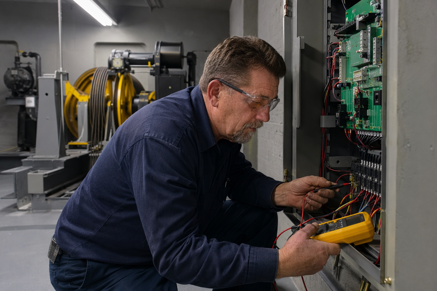 Elevator mechanic testing electrical components inside a machine room controller cabinet before an elevator inspection in a Philadelphia commercial building.
