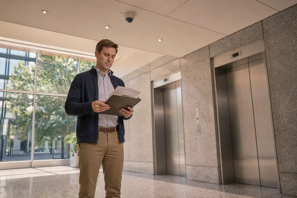 Property manager reviewing elevator maintenance contract documents in a Washington DC office building lobby with stainless steel elevator doors visible behind them.