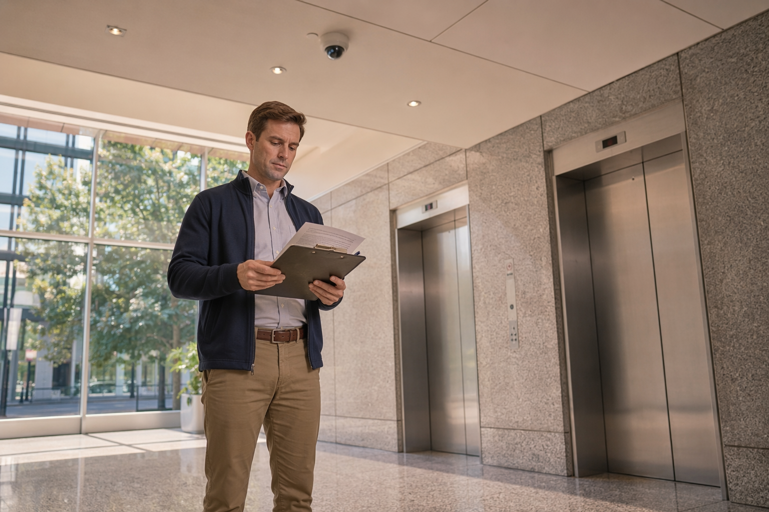 Reviewing Your Elevator Maintenance Contract Before Switching Providers Property manager reviewing elevator maintenance contract documents in a Washington DC office building lobby with stainless steel elevator doors visible behind them.