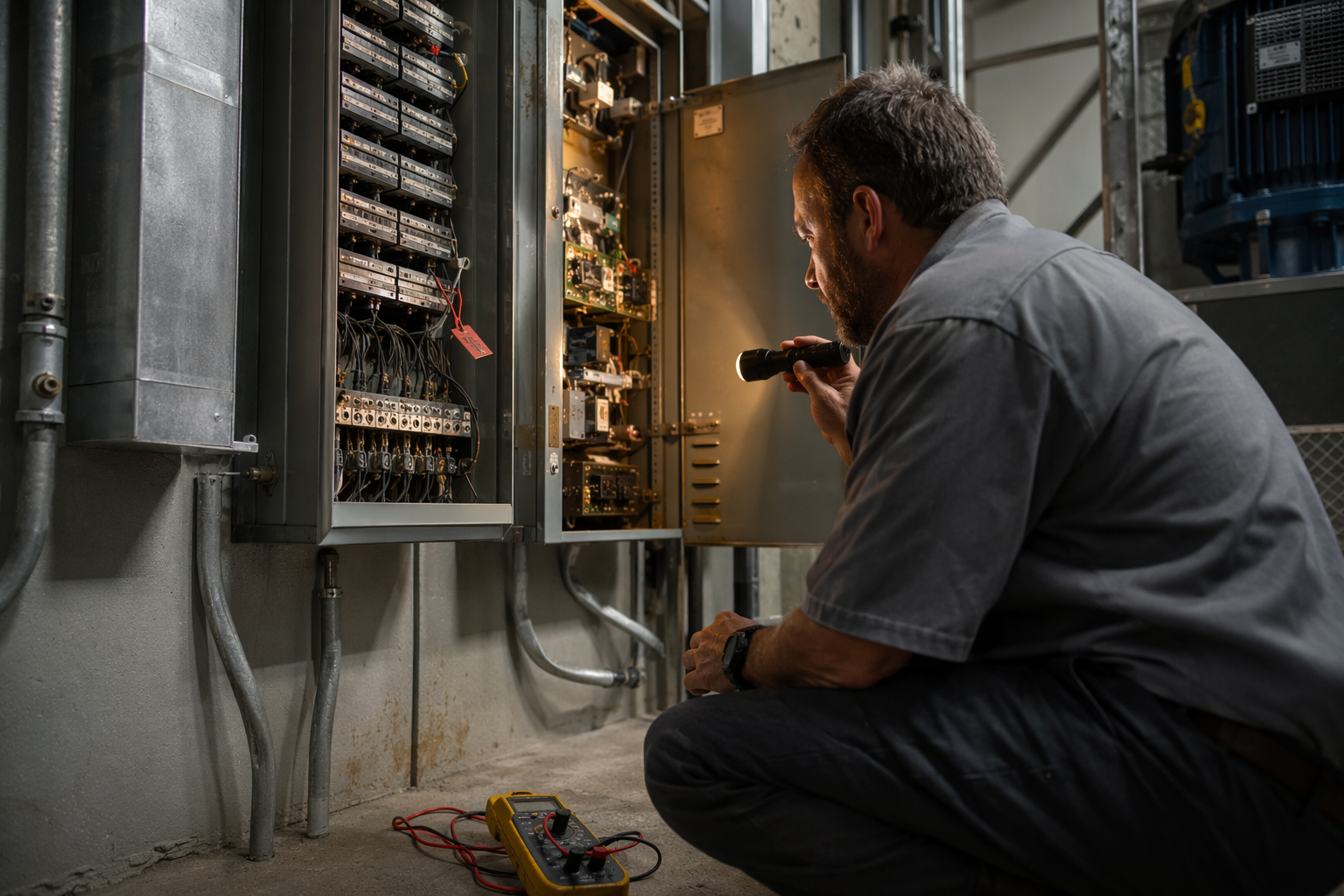 Pre-Transition Machine-Room Inspection by Incoming Elevator Contractor Elevator technician inspecting a machine-room controller panel during a pre-transition equipment inspection inside a Baltimore commercial building.