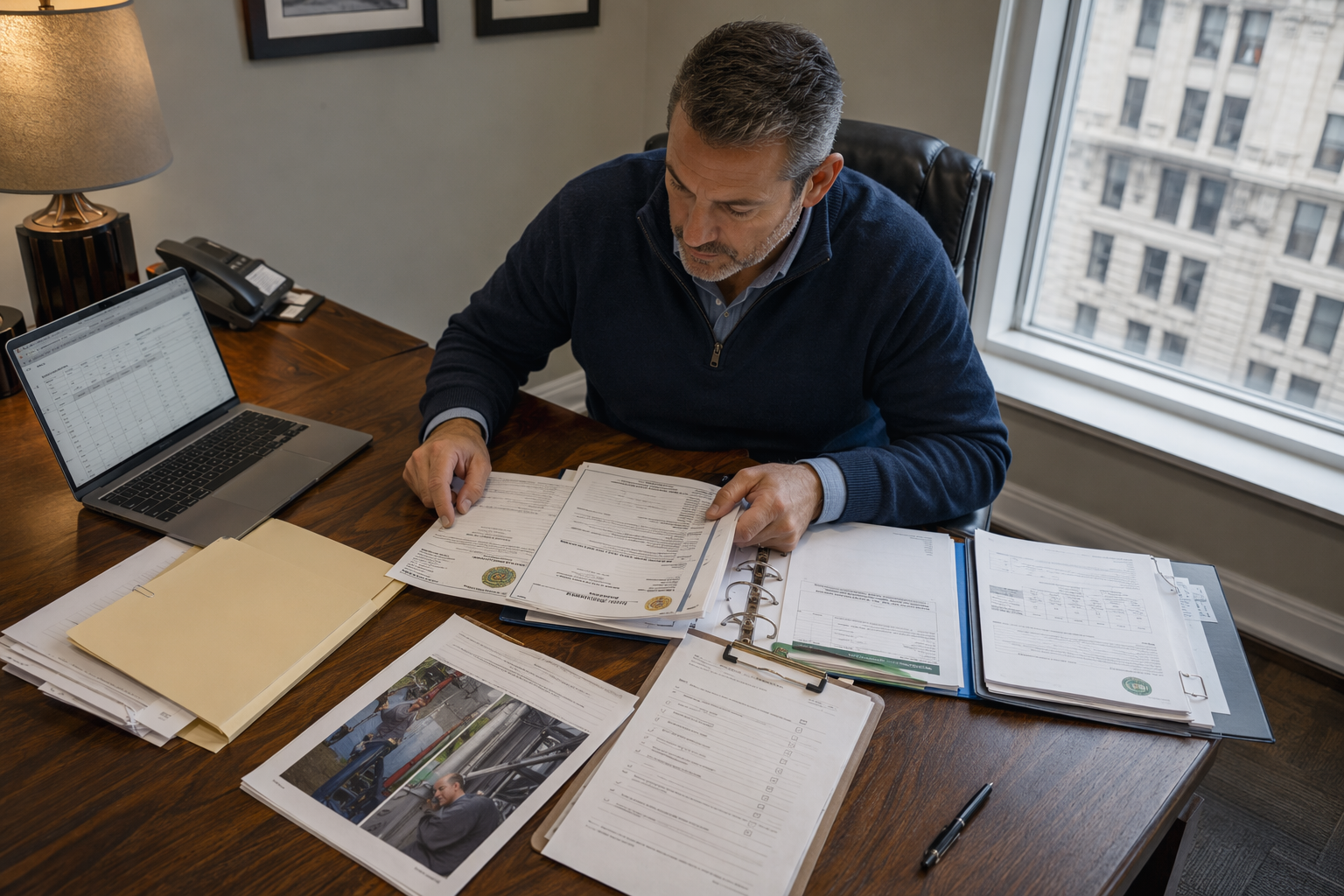 Comparing Elevator Maintenance Bids and Transferring Inspection Records Building manager at a Philadelphia office desk comparing elevator maintenance contractor bids and reviewing inspection certificates during a vendor transition process.