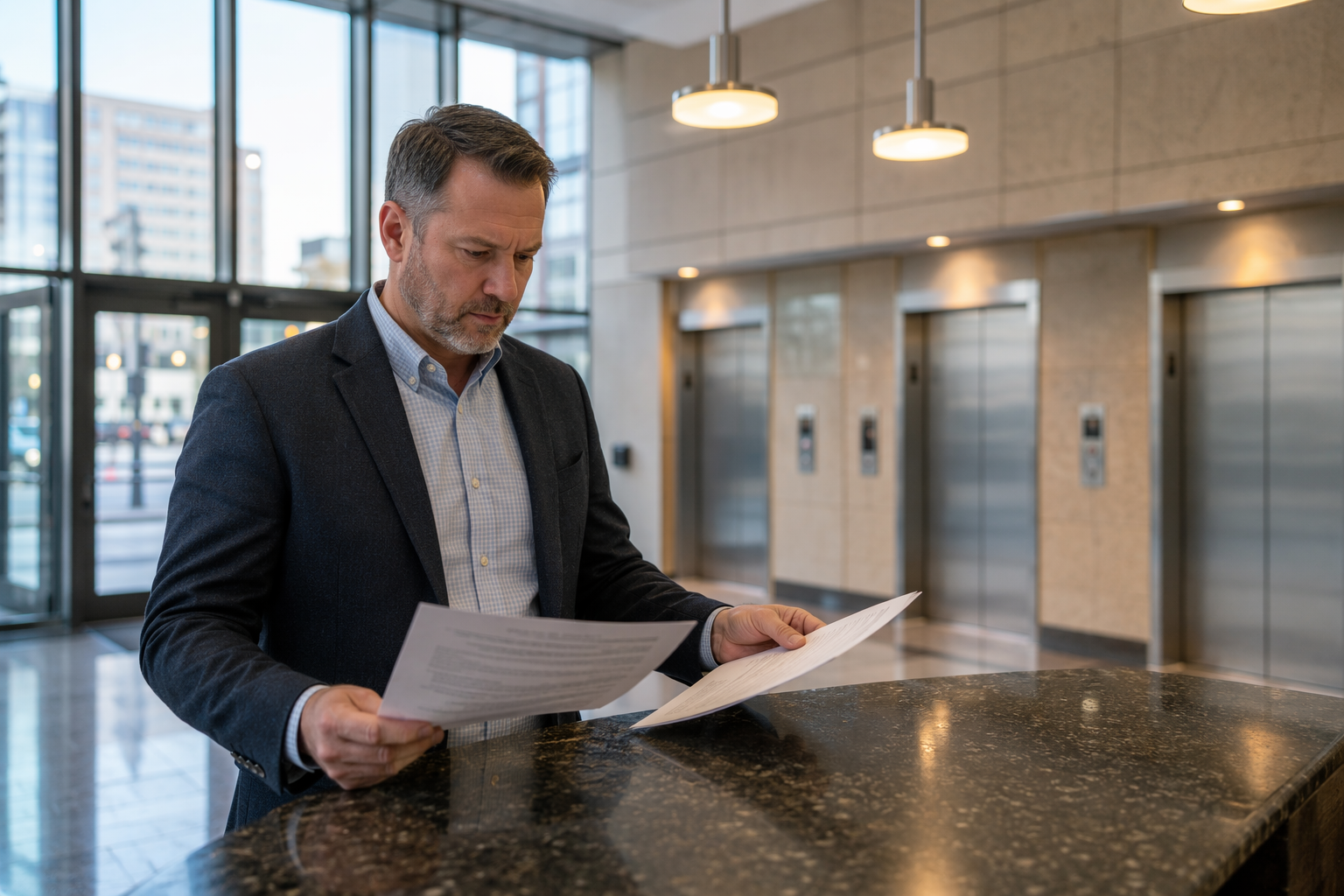 Facilities manager comparing independent elevator service and OEM service contracts in a Baltimore office building lobby with stainless elevator doors in background