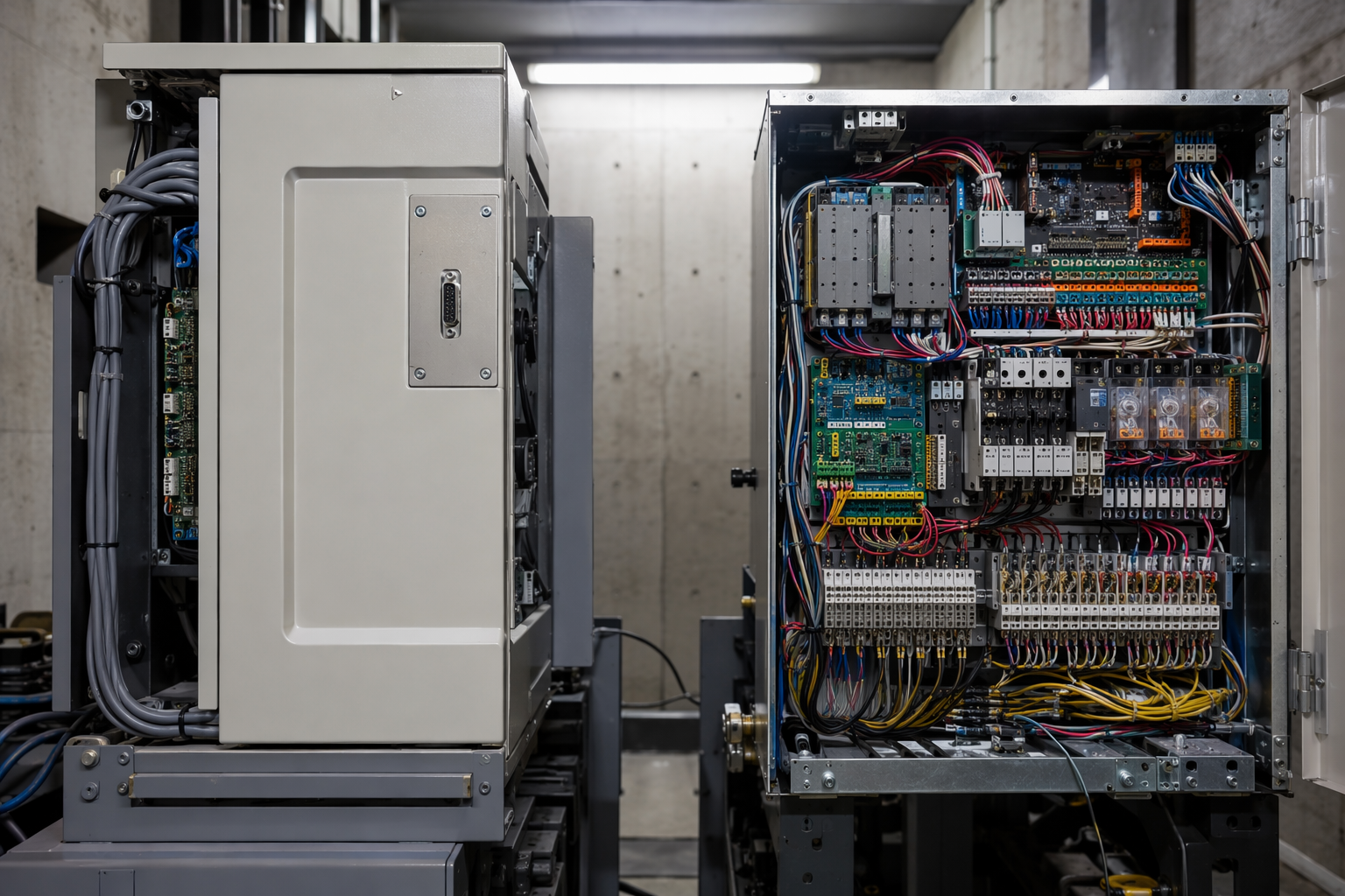 Side-by-side elevator machine room controllers illustrating the difference between OEM proprietary systems and independent service compatible equipment