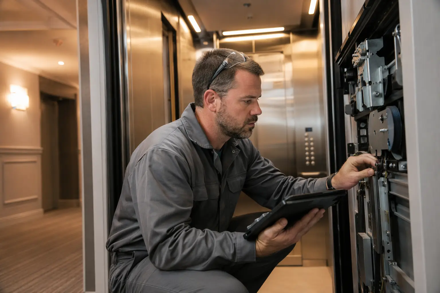 Independent elevator service technician inspecting door operator on a modernized elevator cab in a Washington DC residential building