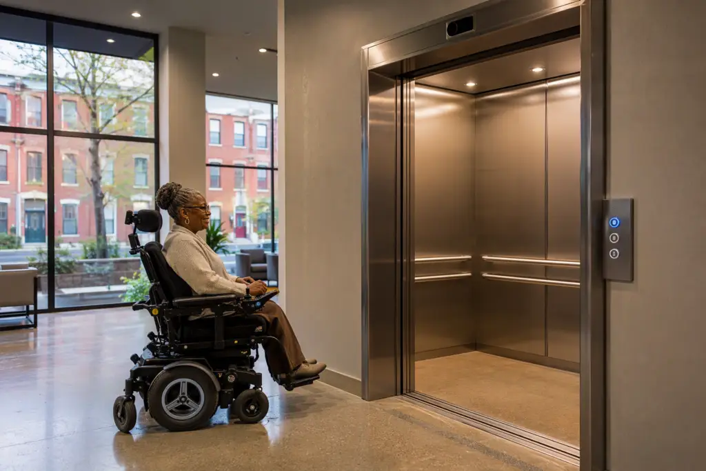 ADA-compliant modernized elevator cab with open doors and two-height handrails in a multifamily residential building lobby, with a wheelchair user waiting to board.
