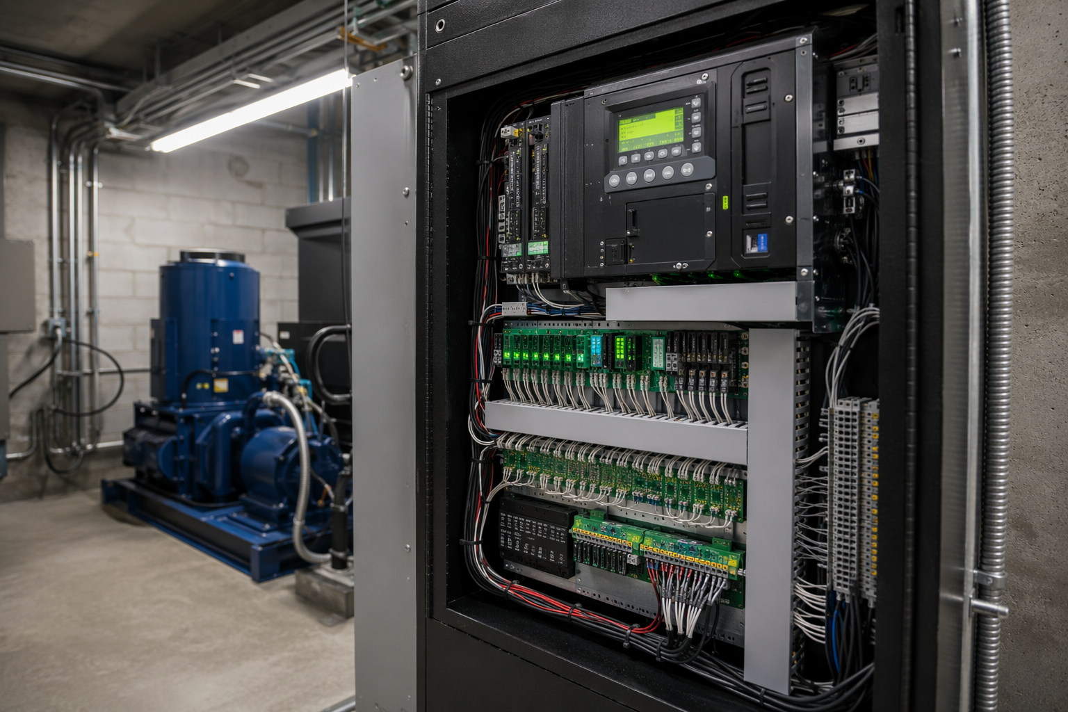 Newly installed solid-state elevator controller cabinet with digital diagnostic display in a multifamily building machine room during elevator modernization.