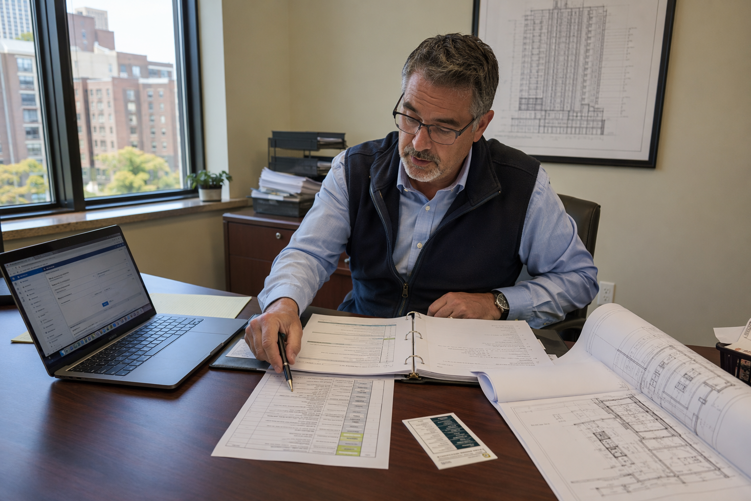 Building manager reviewing elevator modernization compliance documentation including ASME A17.1 and ADA standards checklist at a property management office desk.