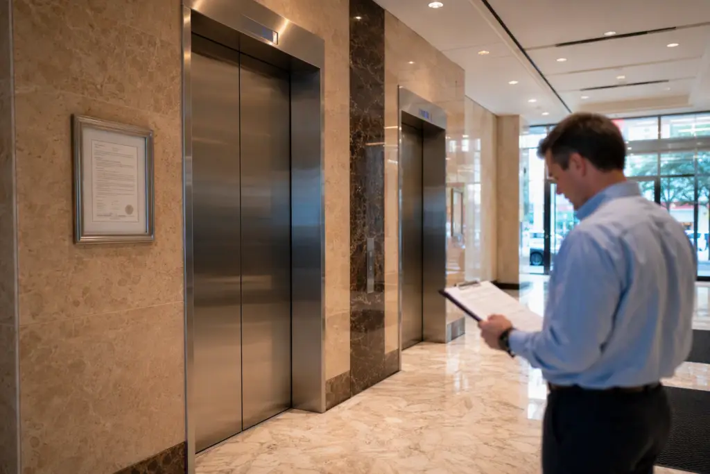 Office building elevator lobby in Washington DC showing stainless-steel elevator doors and a wall-mounted inspection certificate, illustrating annual elevator inspection schedule compliance.