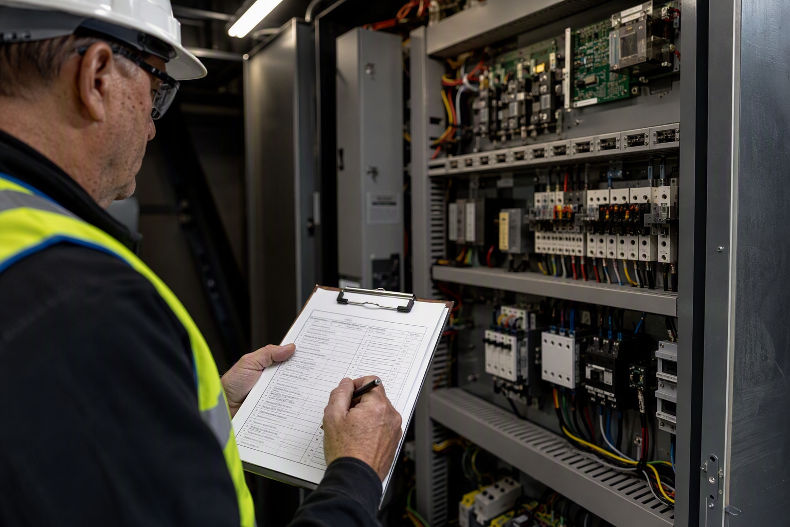 Licensed elevator inspector reviewing a Category 1 annual inspection checklist beside a traction elevator controller in a Baltimore office building machine room.