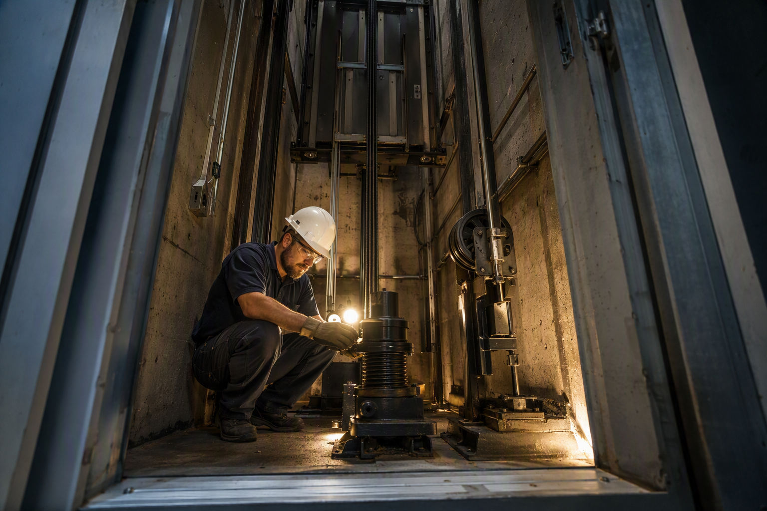 Certified elevator technician conducting a five-year Category 5 full-load safety test in a Philadelphia office building elevator pit, a required interval under ASME A17.1.
