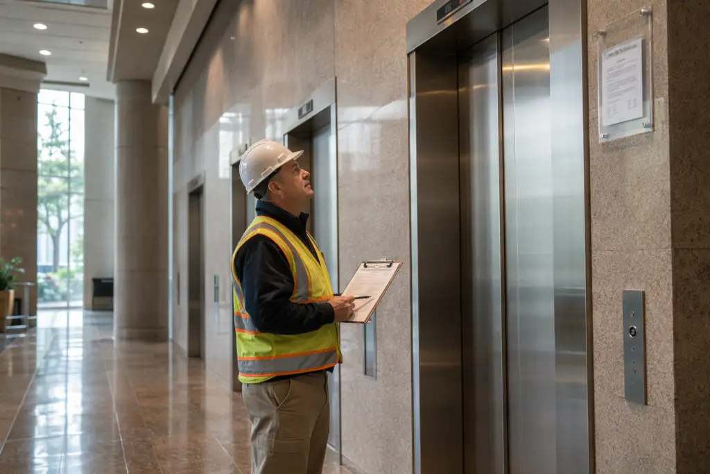 Licensed elevator inspector reviewing an inspection certificate posted inside a commercial office building elevator lobby, illustrating state elevator inspection frequency requirements.