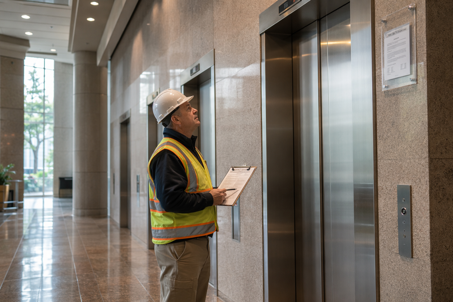 Licensed elevator inspector reviewing an inspection certificate posted inside a commercial office building elevator lobby, illustrating state elevator inspection frequency requirements.