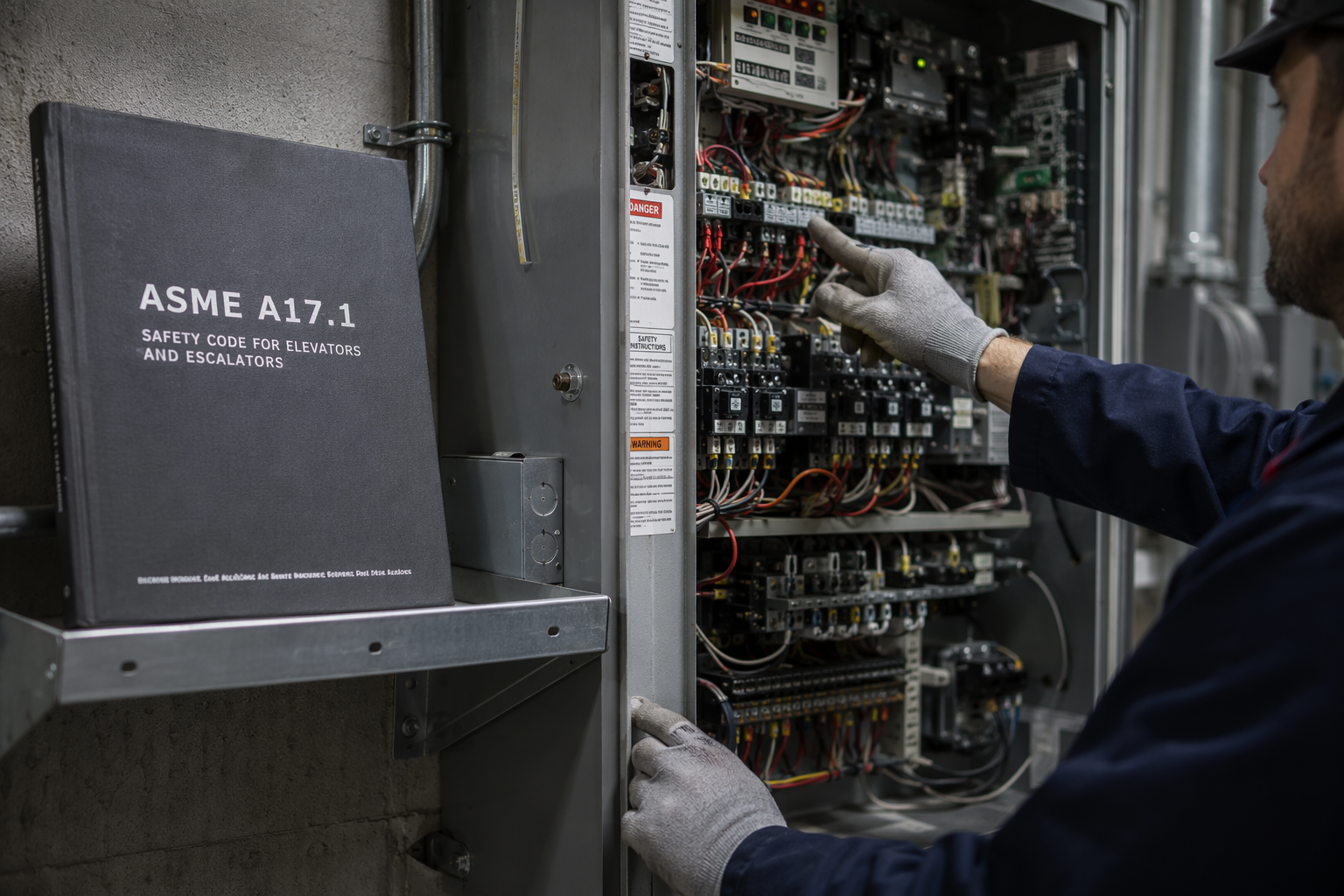 Elevator machine room controller and wiring panel in a commercial building, showing the mechanical systems covered by ASME A17.1 periodic inspection and testing intervals.