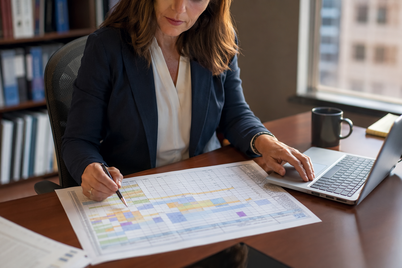 Facilities manager reviewing a multi-jurisdiction elevator inspection compliance calendar to track varying state elevator inspection frequency requirements across multiple properties.