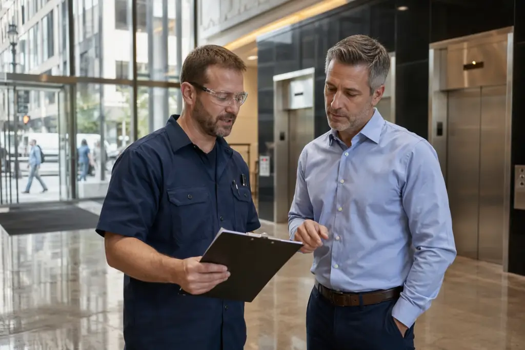 IUEC-certified elevator technician reviewing maintenance documentation with a facility manager in a Center City Philadelphia office building lobby.