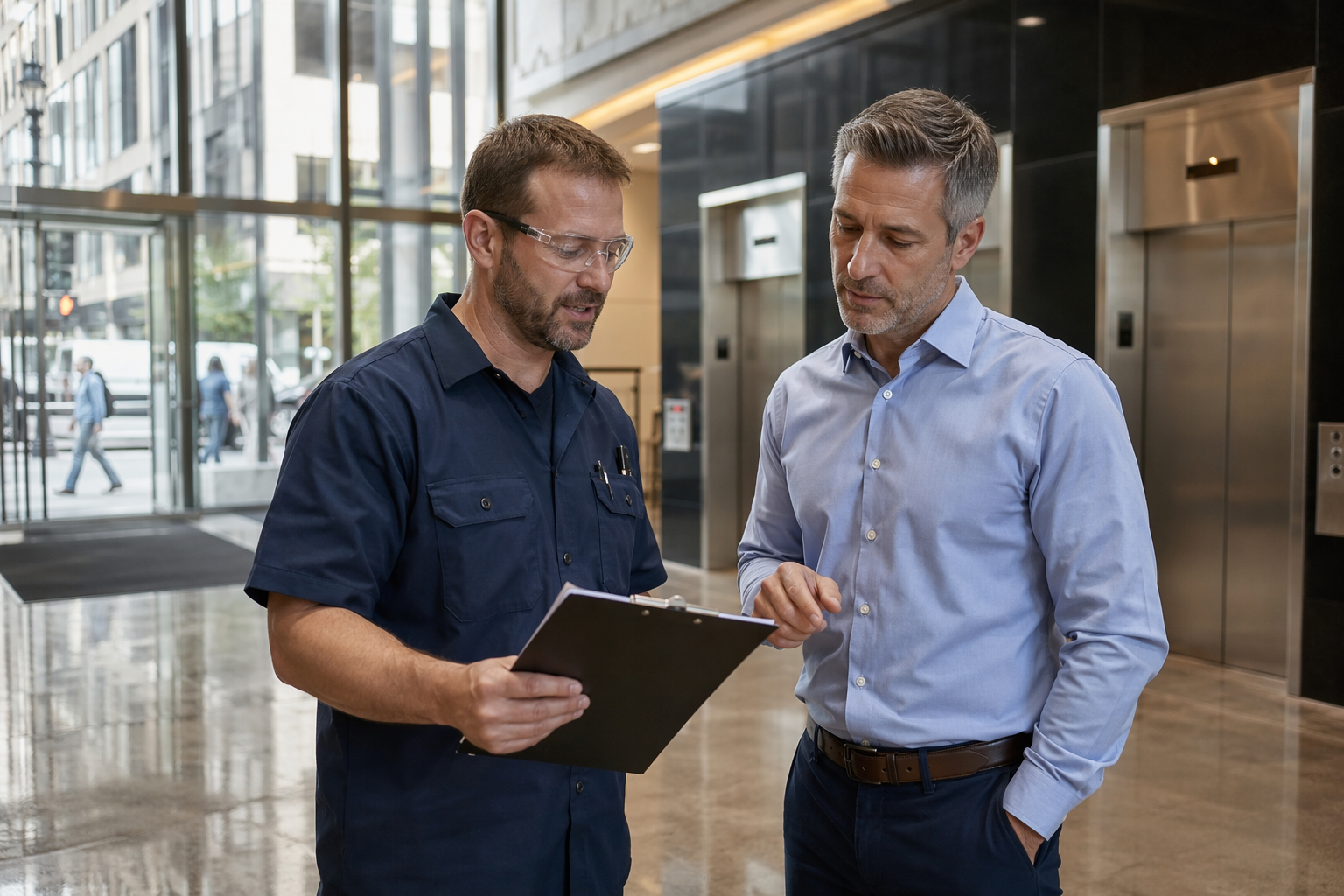 IUEC-certified elevator technician reviewing maintenance documentation with a facility manager in a Center City Philadelphia office building lobby.