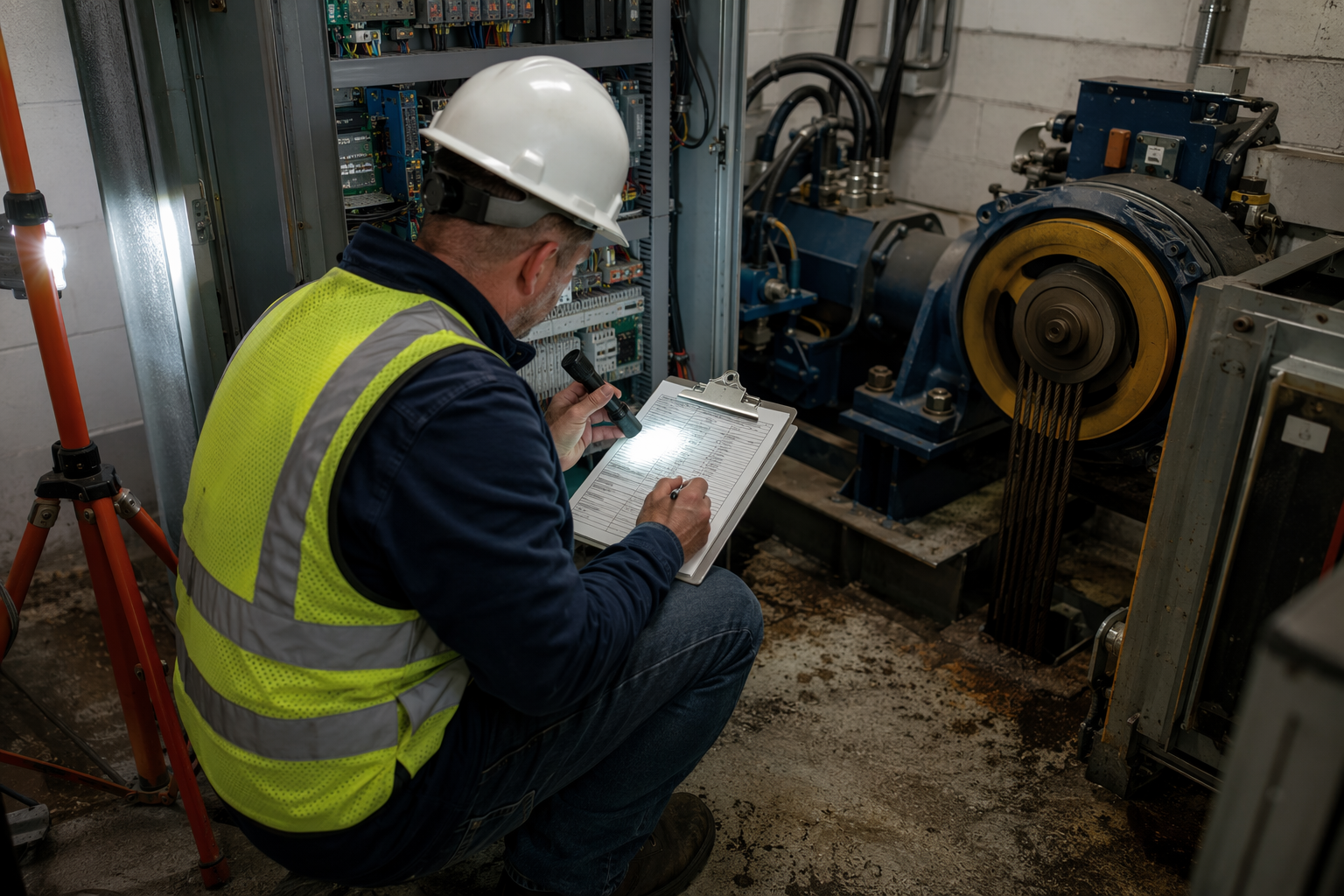 Elevator inspector reviewing ASME A17.1 compliance documentation inside a Philadelphia building machine room during an annual safety inspection.