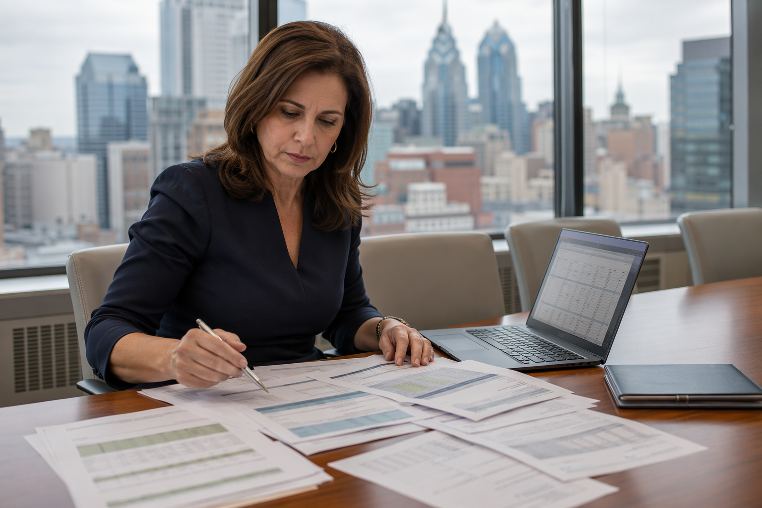 Philadelphia building manager reviewing elevator maintenance contract tiers and service agreements at a property management office desk.