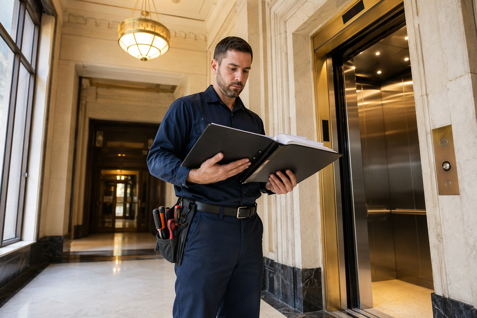 IUEC-certified elevator maintenance technician reviewing inspection logbook in a Washington DC office building lobby beside open elevator doors