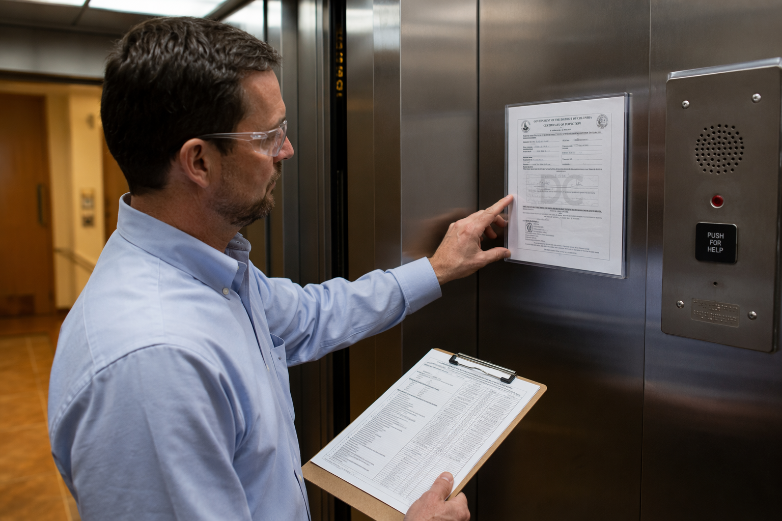 Elevator inspector reviewing a posted Certificate of Inspection inside a DC elevator cab during an annual DCRA-required safety inspection