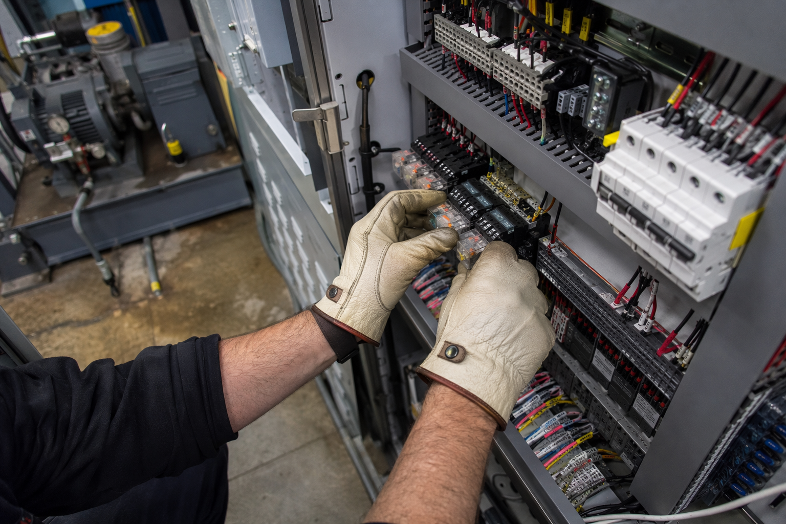 Elevator mechanic servicing a machine-room controller panel during an ASME A17.1-compliant preventive maintenance visit at a Washington DC building