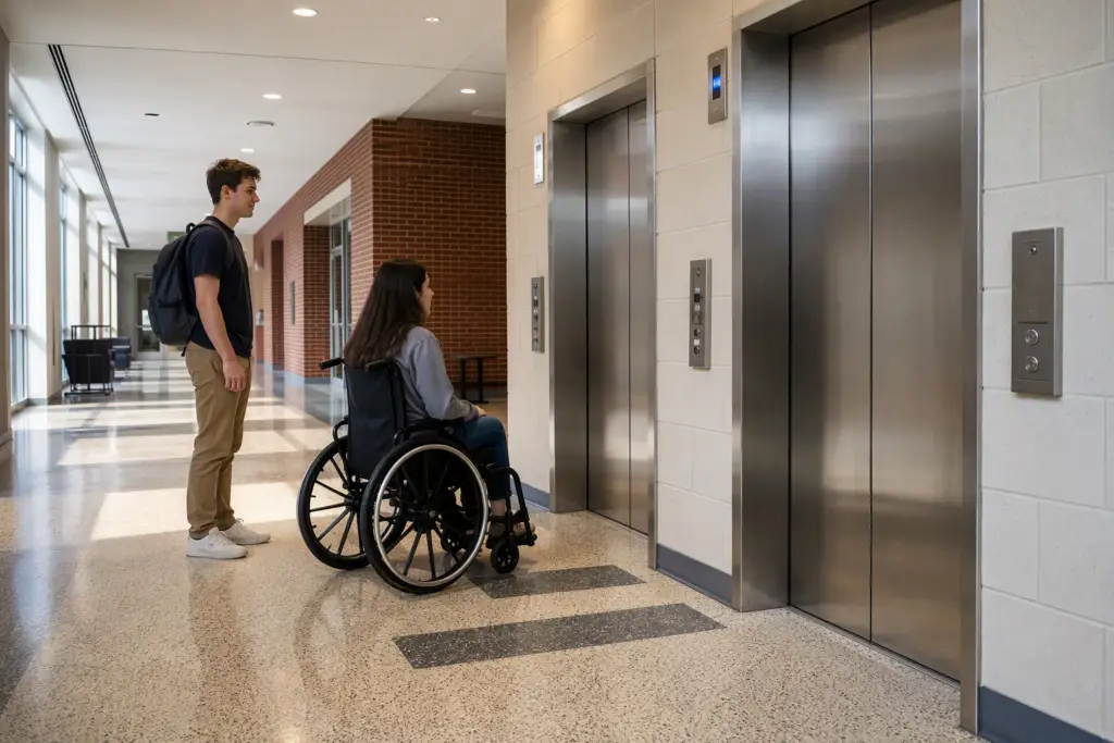 ADA-compliant university elevator lobby with accessible call buttons and tactile signage, student in wheelchair waiting for elevator on a mid-Atlantic campus