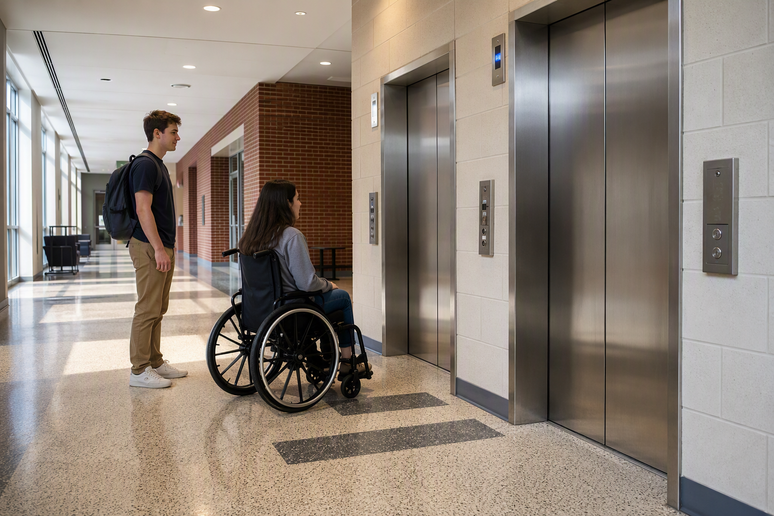 ADA-compliant university elevator lobby with accessible call buttons and tactile signage, student in wheelchair waiting for elevator on a mid-Atlantic campus
