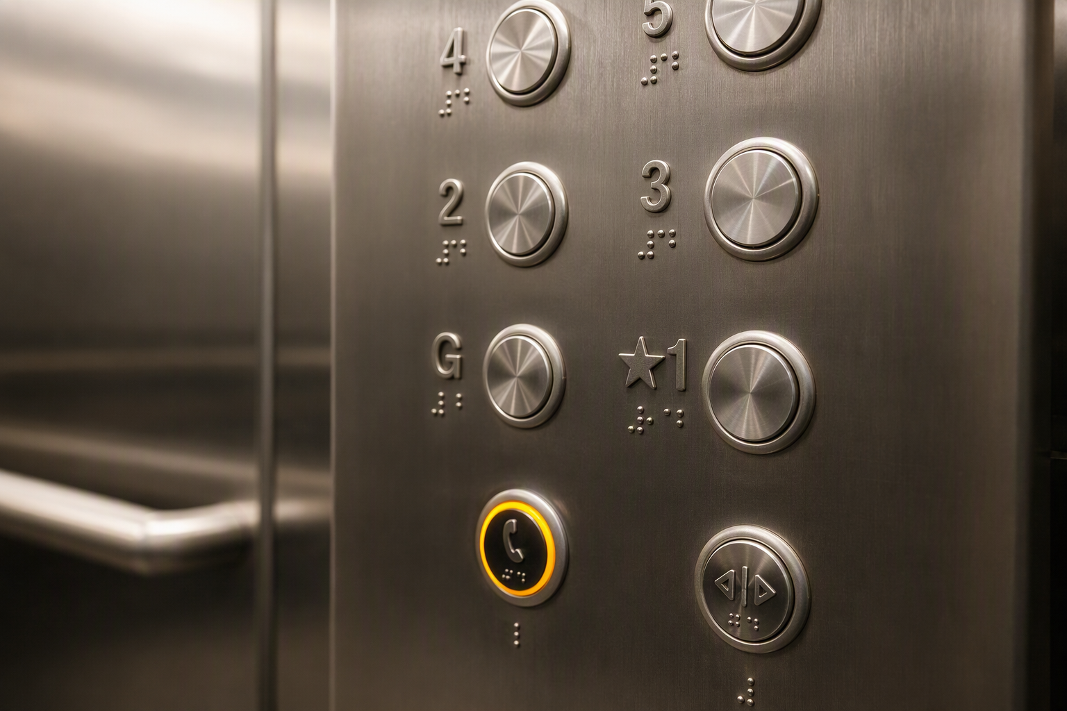 ADA elevator control panel with raised Braille characters, tactile floor buttons, and accessible emergency communication device inside a university building cab