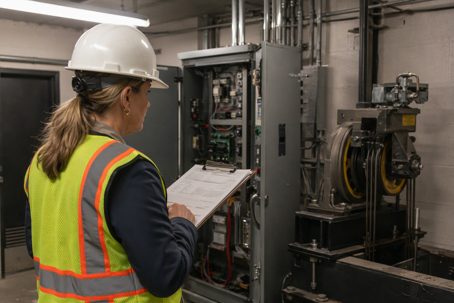 Elevator compliance inspector reviewing ASME A17.1 and ADA inspection documentation in a university building machine room in the mid-Atlantic region
