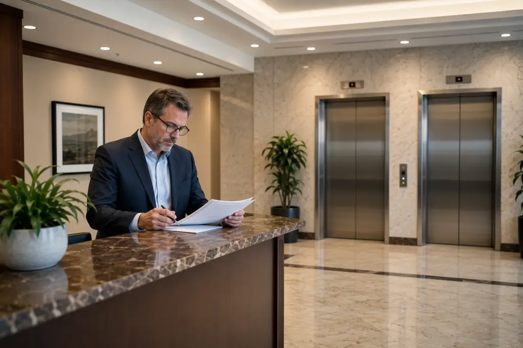 Building property manager reviewing an elevator maintenance contract in a Washington DC office lobby with stainless-steel elevator doors visible in background