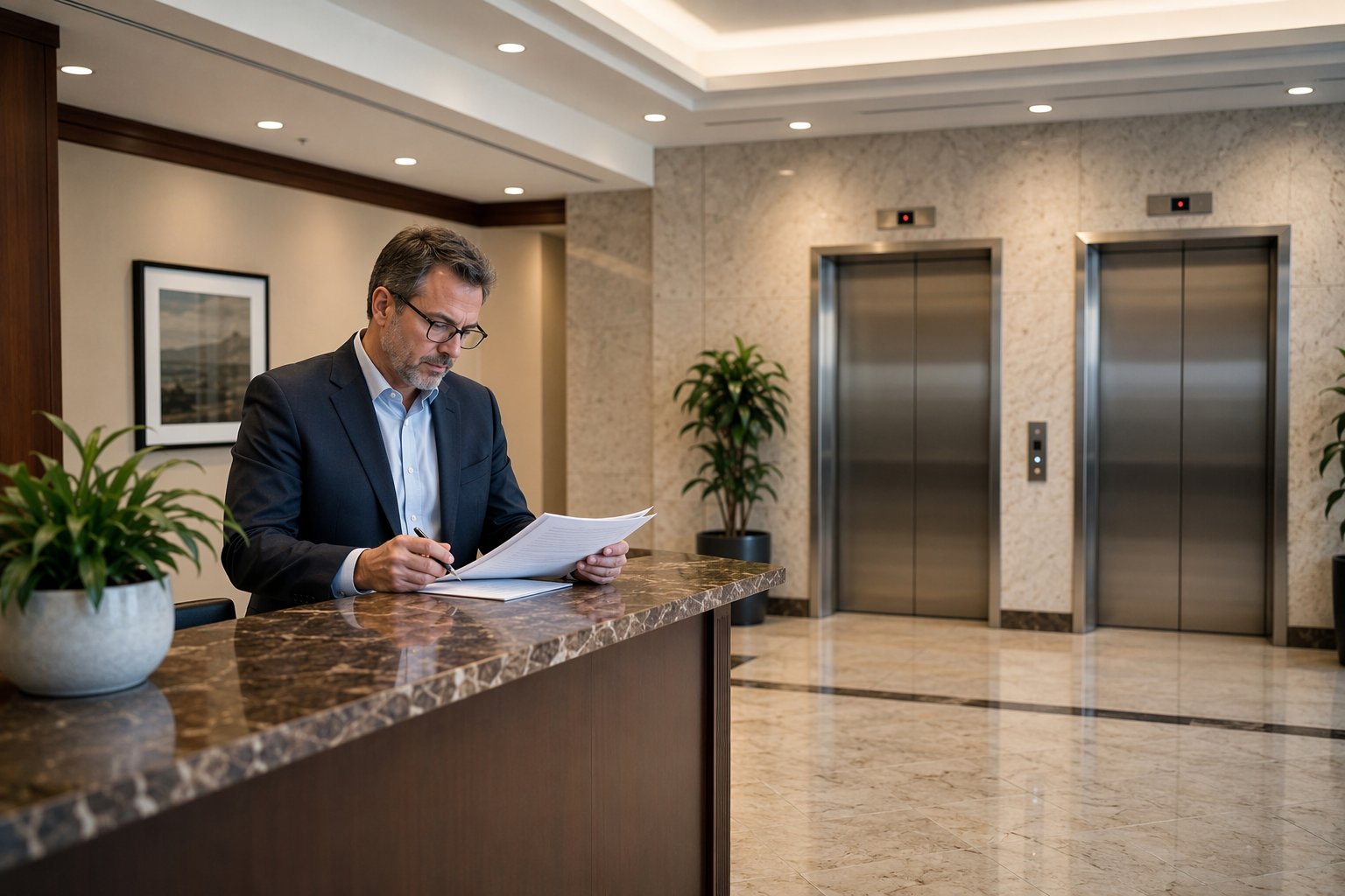 Building property manager reviewing an elevator maintenance contract in a Washington DC office lobby with stainless-steel elevator doors visible in background
