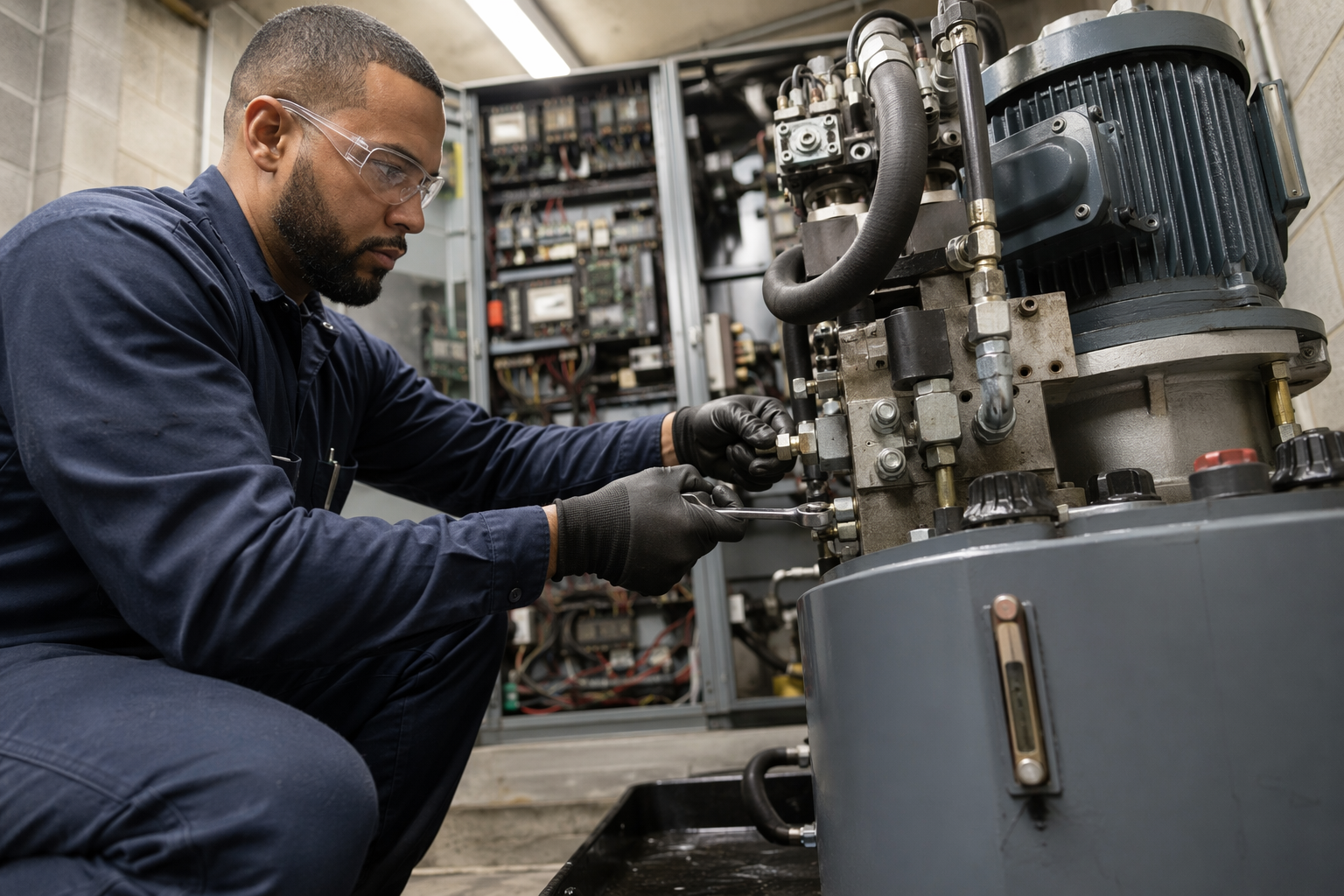 Elevator mechanic adjusting hydraulic power unit components during a scheduled preventive maintenance visit in a Baltimore machine room
